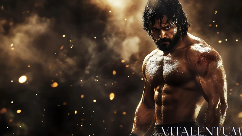 Battle-scarred muscular fighter in cinematic smoke and embers
