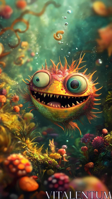 Cartoon pufferlike fish in dense colorful reef habitat.