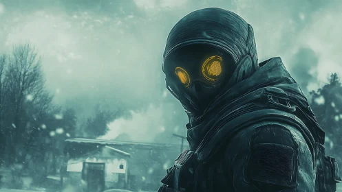 Hooded soldier with glowing goggles patrols snowy ruin