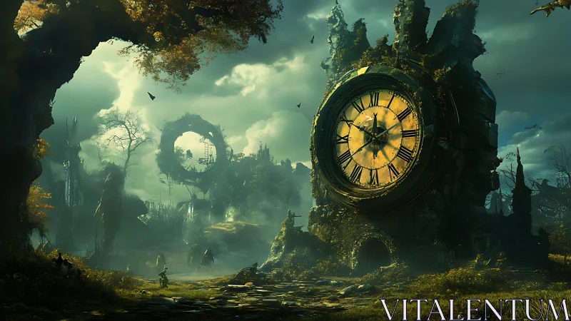 Colossal ruined clock tower dominates misty fantasy ruins.