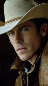 Cowboy portrait with intense gaze and tan leather jacket.