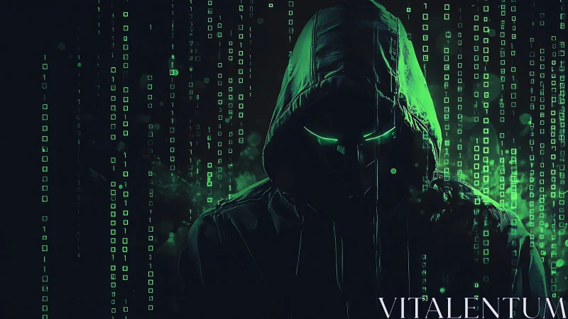 Hooded cyber figure glows amid cascading green code rain