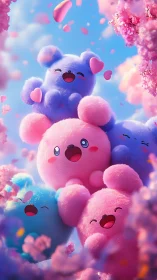 Chromatic plush cloud-creatures under drifting blossom petals.