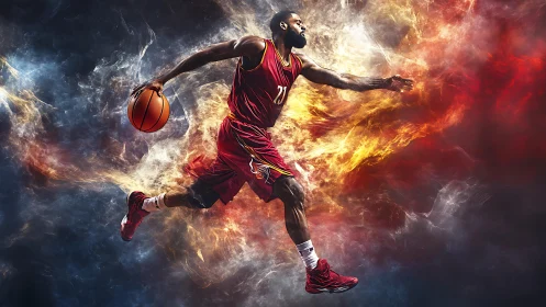 Dynamic basketball player in fiery motion blur composition