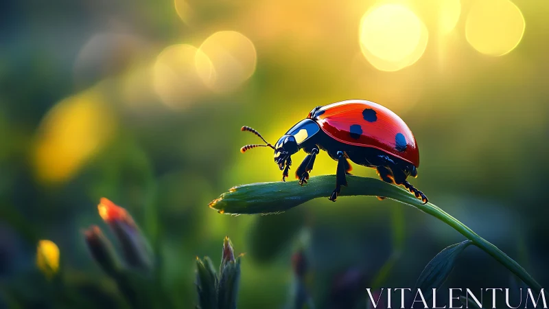 Macro study captures ladybird on blade of grass at sunrise