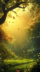 Sunlit forest glade with drifting butterflies and pollen
