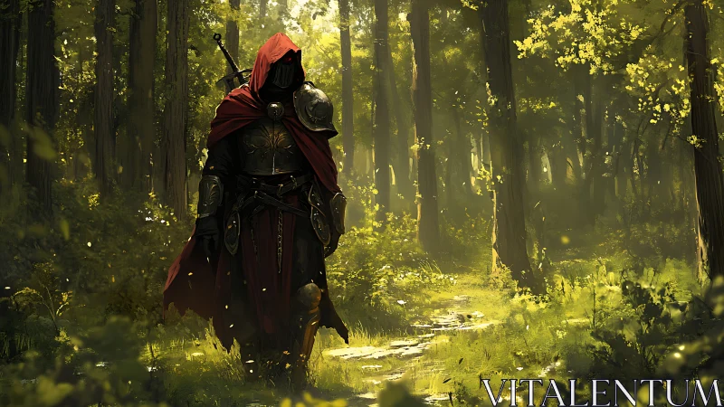 Cloaked knight wandering through sunlit fantasy forest path.