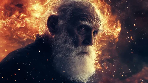 Elderly bearded man rendered in fiery digital portrait