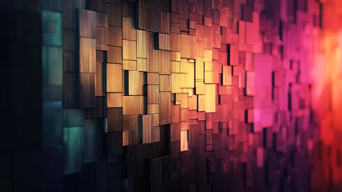 Luminous geometric wall in warm gradient blocks digital art.