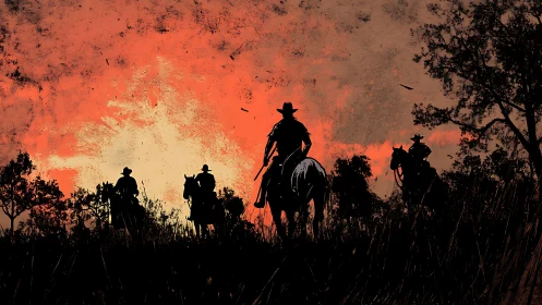 Silhouetted riders on horseback cross ridge at red sunset