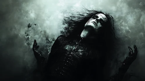 Gothic corpsepaint figure lying in shadowed mist field.