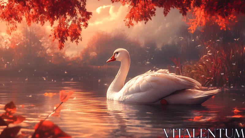 White swan on reflective lake in dense autumn foliage.