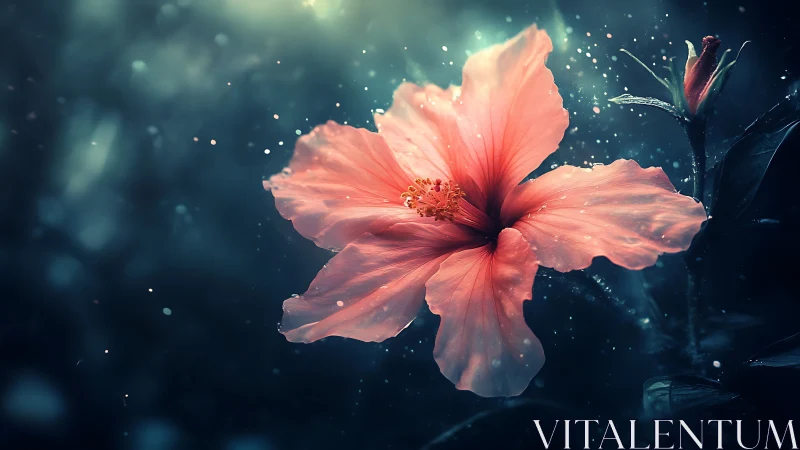 Luminescent Hibiscus: Ethereal Floral Form Suspended in Bokeh-Rendered Nocturnal Setting.