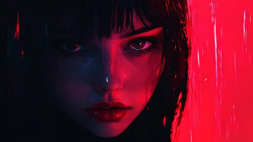 Intense digital portrait isolates woman in red neon rain