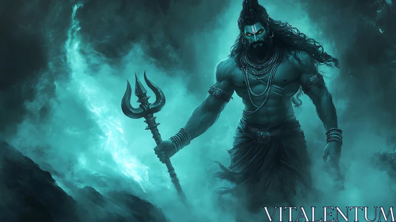Powerful warrior god emerging from swirling teal mist.