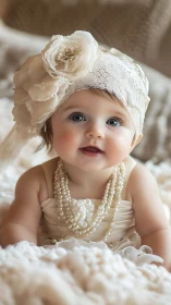 Elegant infant portrait with cream floral headpiece and pearl jewelry styling.