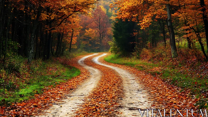 Curved forest path extends through dense autumn foliage