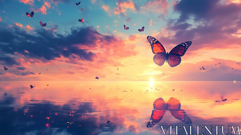 Butterflies over reflective water at colorful sunset horizon.