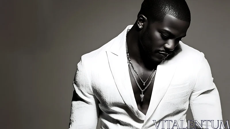 Man in white suit looking down in high-contrast portrait