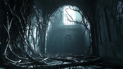 Overgrown gothic corridor under cold spectral window light.