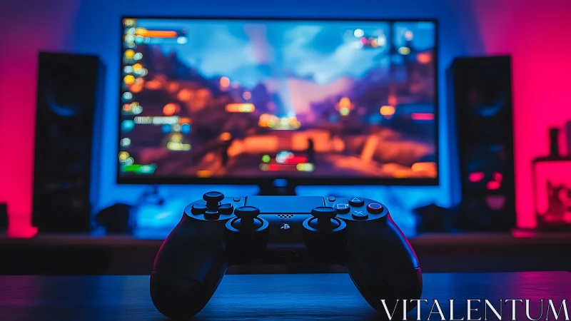 Game controller before monitor in colored light environment.