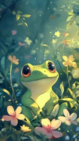 Sunlit forest frog resting among dreamy wildflowers.
