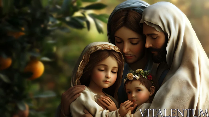 Tender family embrace glows softly in a peaceful orchard