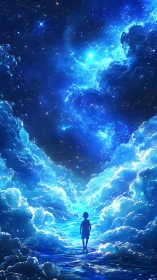Silhouette child beneath luminous blue clouds and stars.