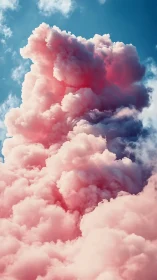 Vertical formation of dense pink clouds under blue sky.