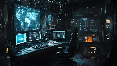 Midnight hacker cockpit hums with glowing global blue maps
