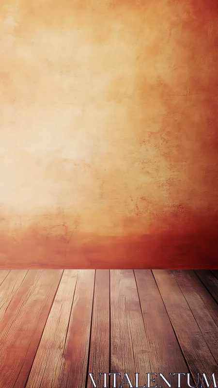 Empty interior with textured wall and wooden plank floor.