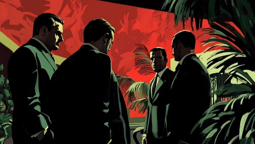 Four suited men in stylized interior with red backdrop.