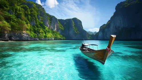 Traditional wooden longtail boat in tropical karst lagoon