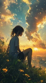 Sunset dreamer perched on a wildflower hill of golden quiet.