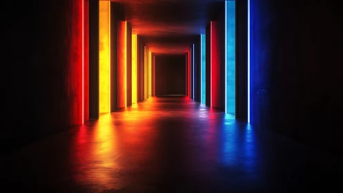 Symmetrical corridor uses red, yellow, and blue vertical lights