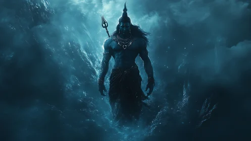 Digital painting of mythic warrior emerging through storm clouds.