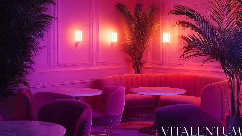Neon magenta lounge interior with curved banquette seating and palms
