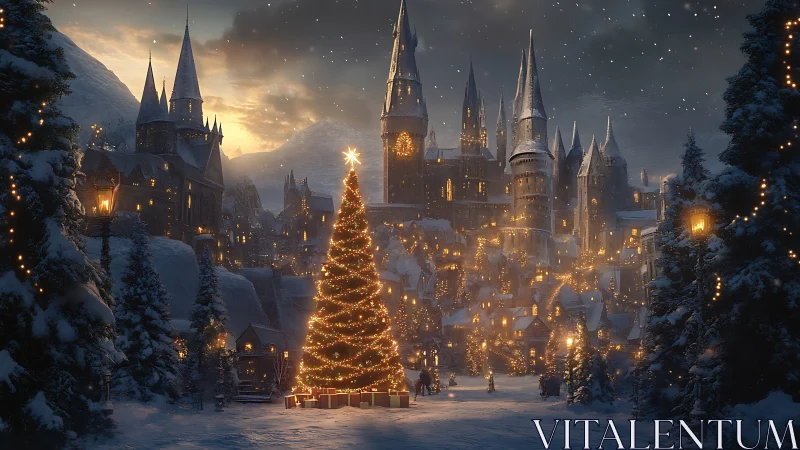 Snowy castle city surrounds central lit Christmas tree