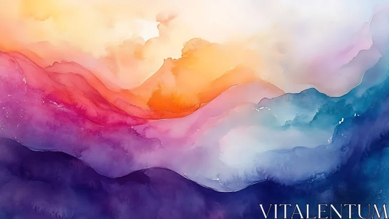 Gentle sunrise flowing across dreamy watercolor hills.