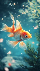 Orange goldfish swims in blue water with bubbles and plants.