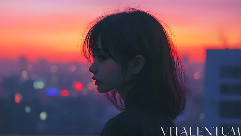 Side-profile digital portrait of girl against blurred city sunset