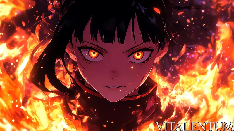 Fierce anime heroine surrounded by glowing flames of power.
