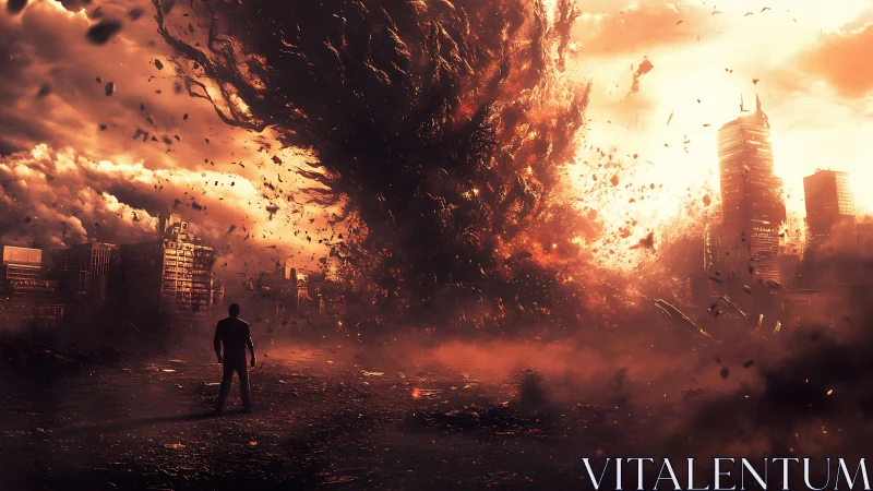 Solitary figure observes large fiery vortex over cityscape