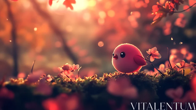 Crimson sprite discovers wonder among sunset-lit wildflowers