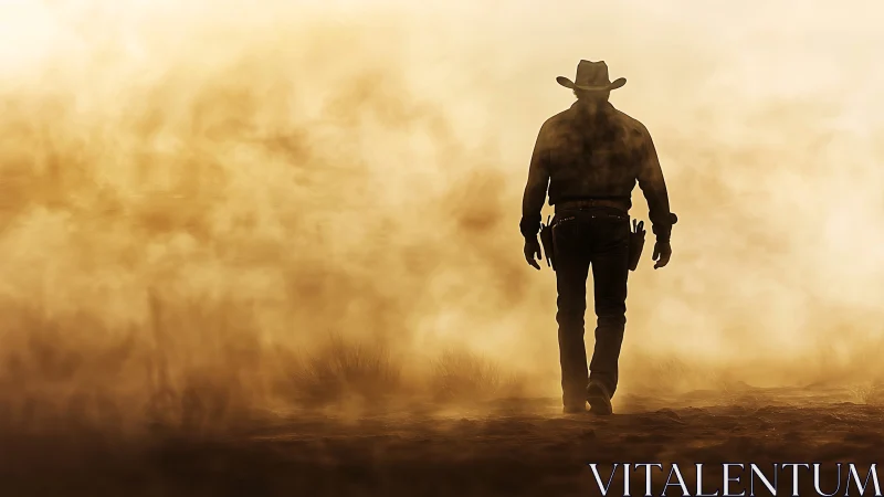 Lone dustborn cowboy strides through blazing desert haze.