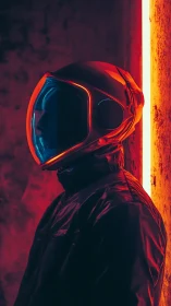 Futuristic helmeted figure in neon red and blue light.