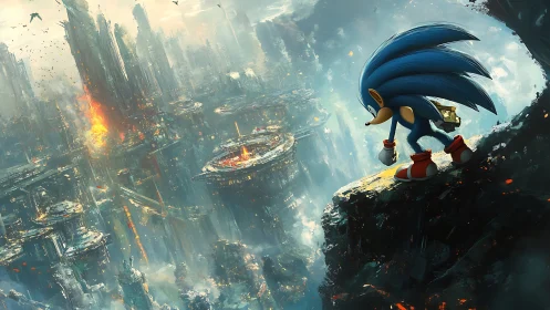 Blue speedster surveys a burning sci‑fi sky city. Period.