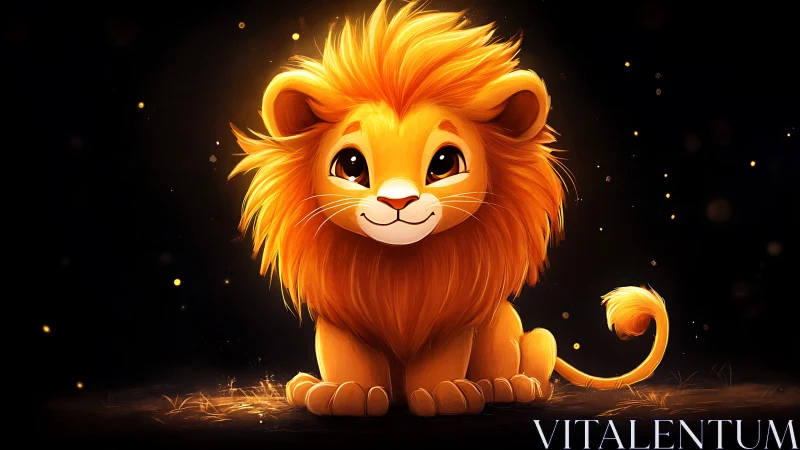 Glow-lit baby lion with fluffy mane in magical night scene.