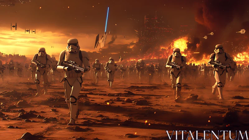 Armored infantry advance across thermally scorched warfield.