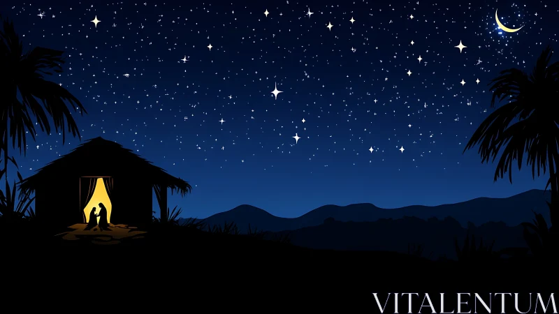 Nativity silhouettes glow beneath a serene starlit sky.